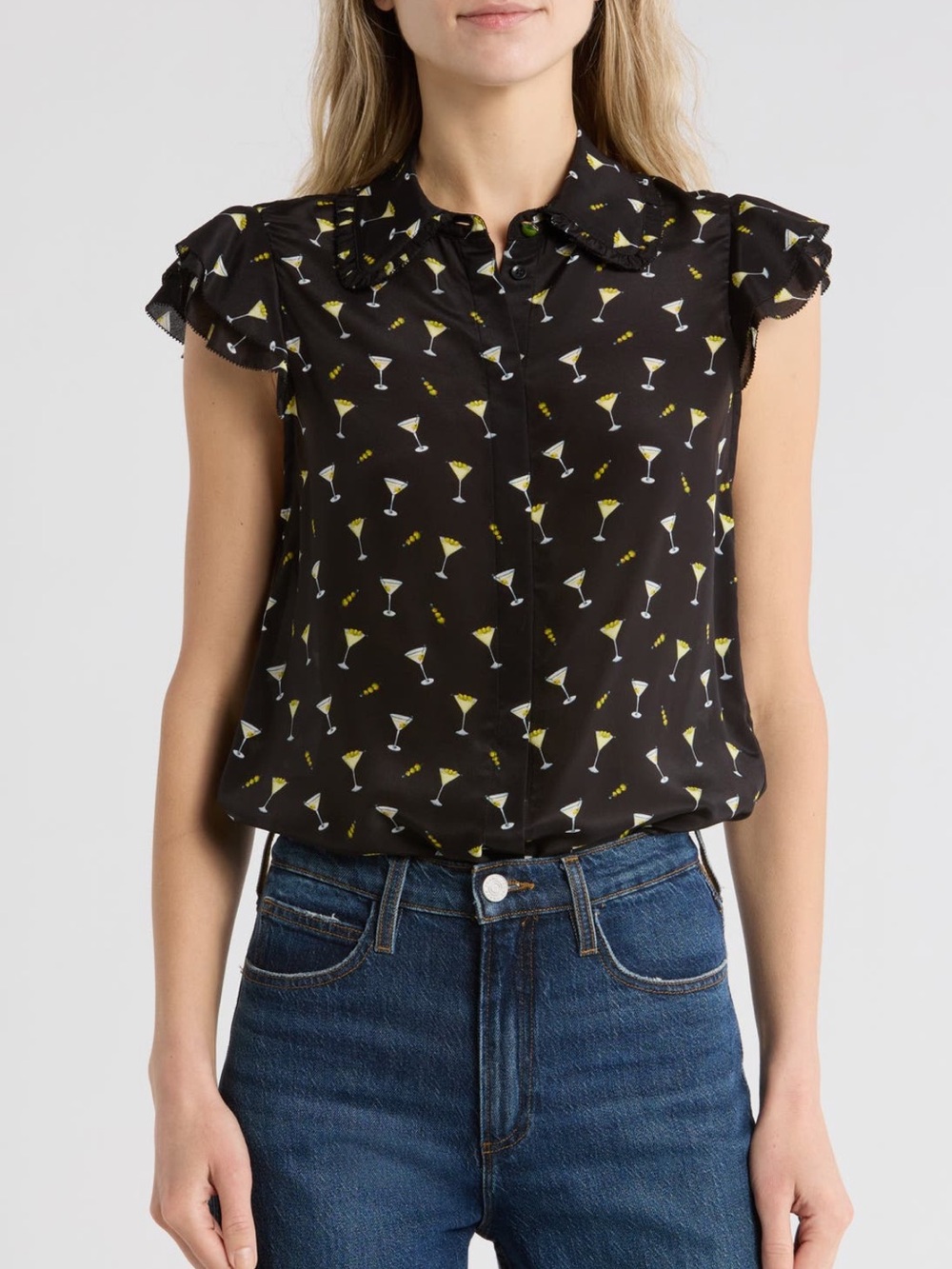 Black Martini Print silk Ruffle Sleeve Blouse